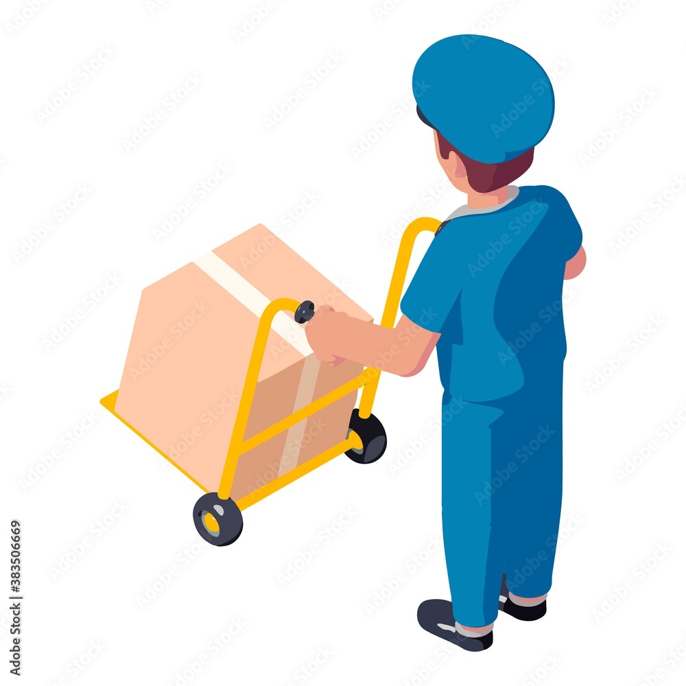 Postman take parcel cart icon. Isometric of postman take parcel cart vector icon for web design isolated on white background Postman take parcel cart icon. Isometric of postman take parcel cart vector icon for web design isolated on white background
