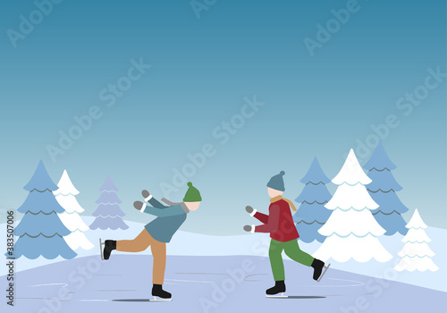 Children skating on a frozen winter lake. Scandinavian winter landscape.