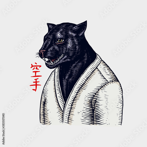 Black panther and Bee biker and red sun. Japanese text means: karate. Fashion animal character. Hand drawn sketch. Hand drawn sketch. Vector engraved illustration for logo and T-shirts or tattoo.