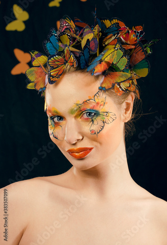 Wallpaper Mural woman with summer creative make up like fairy butterfly closeup bright colored background Torontodigital.ca