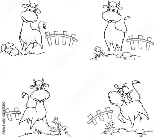 The bull stands in the field. Vector illustration with farm. Comical ox cartoon character. New year 2021 symbol. Isolated on white. Collection of cow with various posing. Coloring book for children