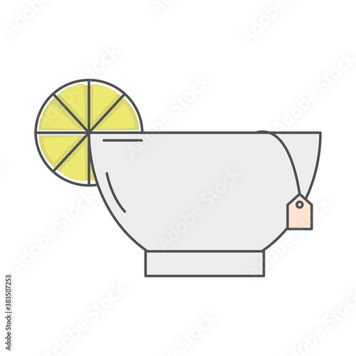 tea, cup with teabag and slice lime line and fill