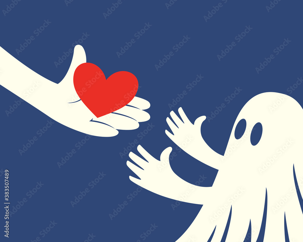 Obraz premium Close up of hand holding red Heart and a children with white ghost costume on blue background