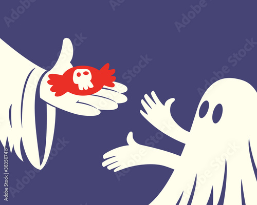 Close up of hand holding red Halloween candy and a children with white ghost costume on purple background
