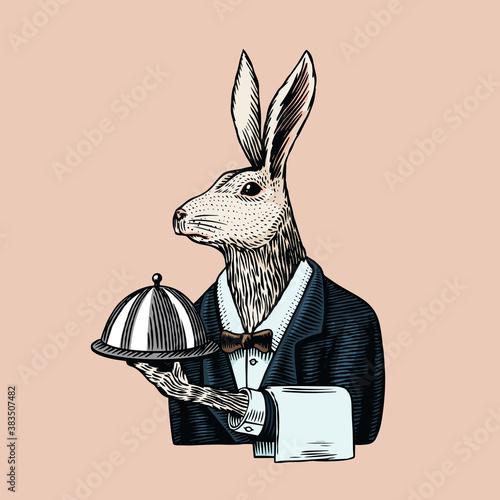 Hare waiter with a dish. Rabbit flunky or garcon. Fashion animal character. Hand drawn sketch. Vector engraved illustration for logo, label and tattoo or T-shirts.
