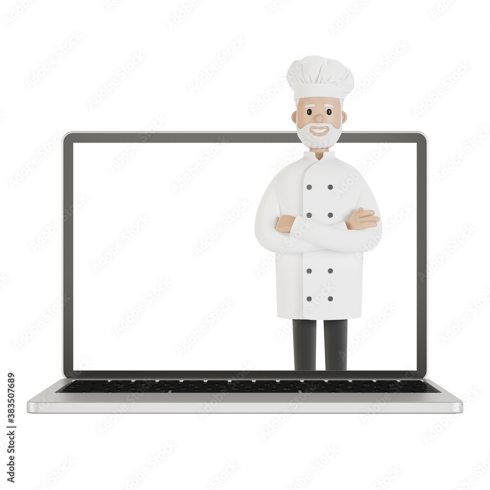 Restaurant staff team at the laptop screen. Delivery from the restaurant 3D illustration in cartoon style. Restaurant staff team at the laptop screen. Delivery from the restaurant 3D illustration in cartoon style.