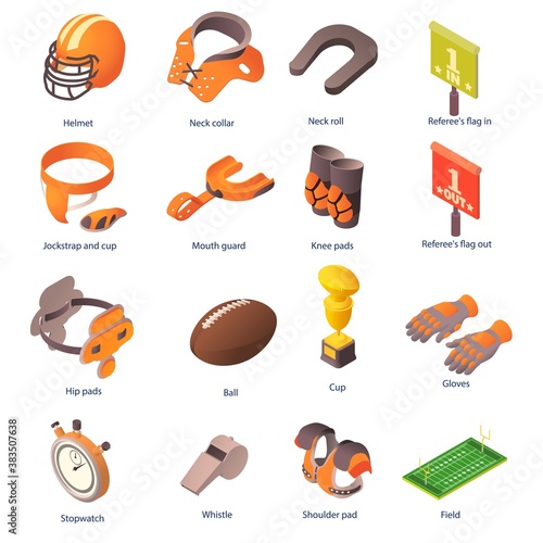 American football equipment icons set. Isometric set of american football equipment vector icons for web design isolated on white background