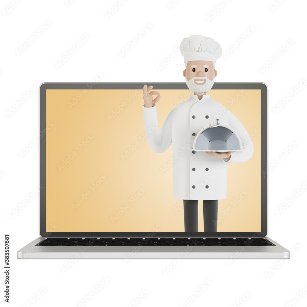 Restaurant staff team at the laptop screen. Delivery from the restaurant 3D illustration in cartoon style. Restaurant staff team at the laptop screen. Delivery from the restaurant 3D illustration in cartoon style.