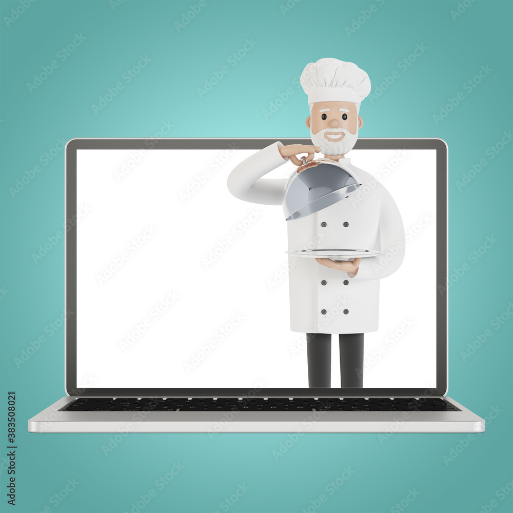 Restaurant staff team at the laptop screen. Delivery from the restaurant 3D illustration in cartoon style. Restaurant staff team at the laptop screen. Delivery from the restaurant 3D illustration in cartoon style.