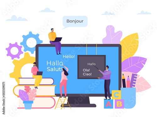 Language education online, course in computer vector illustration. Internet knowledge for student character, study technology. English communication in school at screen, training design.