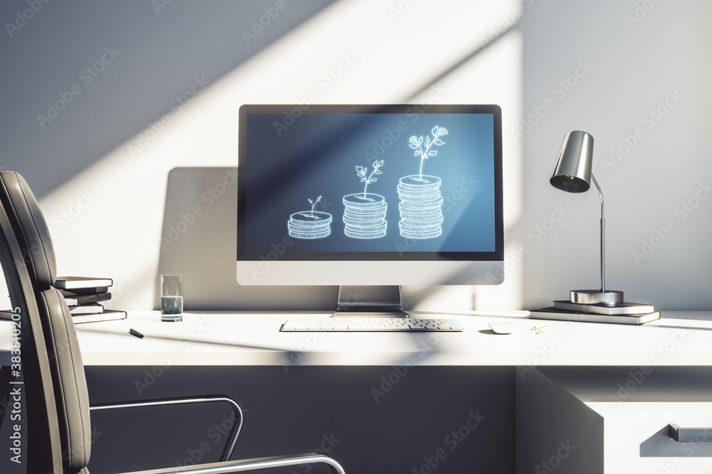 Creative concept of cash savings on modern laptop screen. Retirement savings and capital increase concept. 3D Rendering Creative concept of cash savings on modern laptop screen. Retirement savings and capital increase concept. 3D Rendering