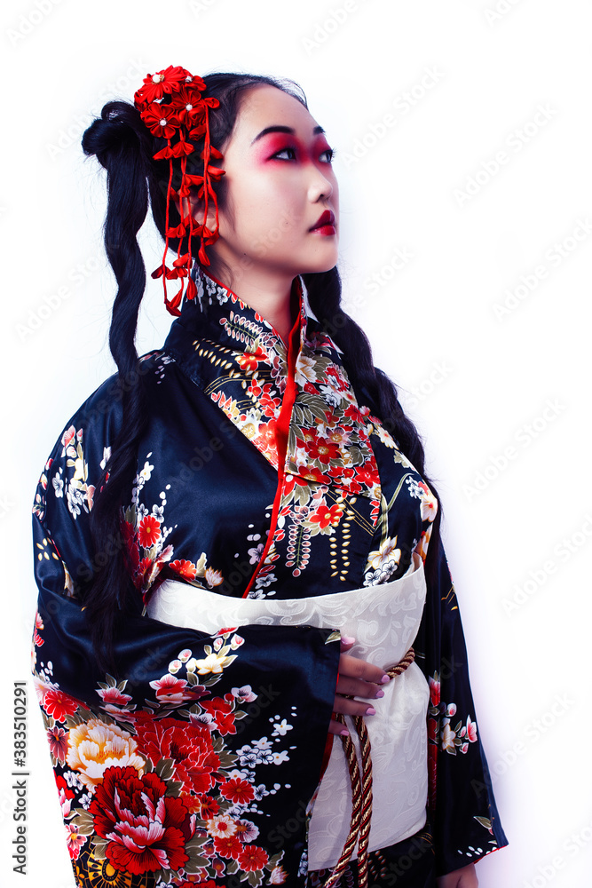 young pretty geisha in black kimono with sakura, asian ethno closeup on white background isolated young pretty geisha in black kimono with sakura, asian ethno closeup on white background isolated