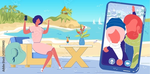 Cartoon Woman in Beach Cafe Calling Couple in Winter Weather wth Smartphone. Friend Online Communication, Connection in Vacation Travel. Mobile Phone Messenger Video Call Vector Illustration