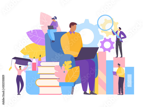 People study education online, vector illustration. Flat university student with knowledge book concept. Business school design library, graphic technology banner and character learn literature.