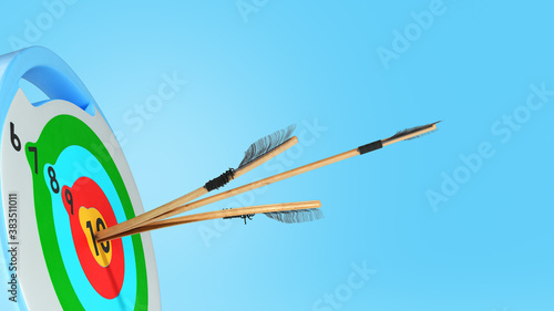 an arrow hits the target by cutting another arrow in half 3d render on blue gradient © nosorogua