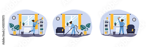 Set of vector illustrations on the theme of cleaning. Girl vacuuming the floor. Clean the floor, clean the apartment.  Vacuum cleaner.The girl washes the window, wipes the dust from the closet © Валерия Барханова