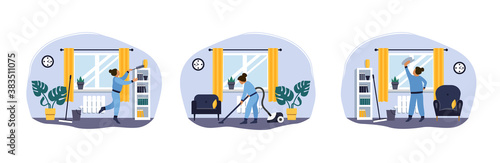 Set of vector illustrations on the theme of cleaning. Girl vacuuming the floor. Clean the floor, clean the apartment.  Vacuum cleaner.The girl washes the window, wipes the dust from the closet