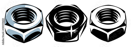 A set of three metal nuts. Vector illustration. Templates for design