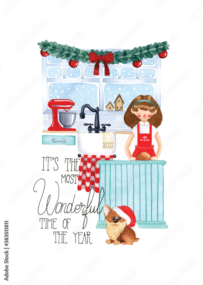Fototapeta premium Christmas cooking watercolor vector illustration interior design kitchen on white background