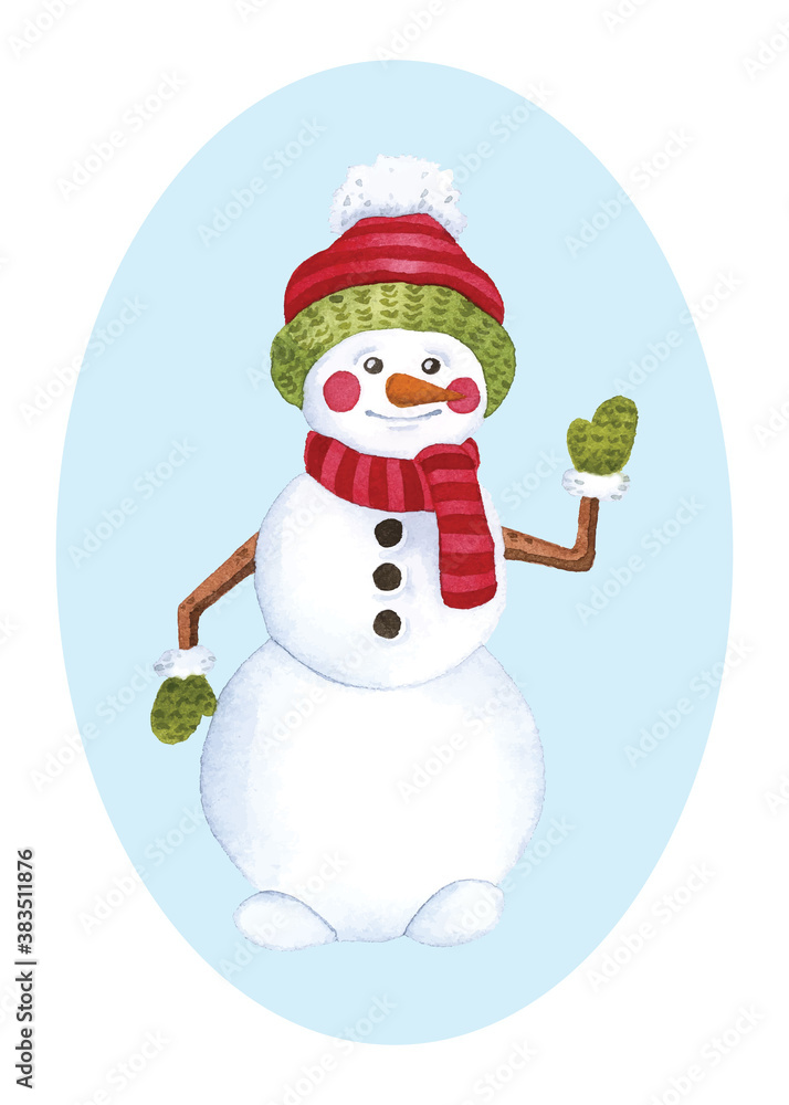 Cute snowman Christmas watercolor illustration element on white background