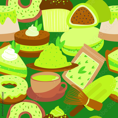 Seamless pattern with green matcha tea. Matcha powder, macaroons, ice cream, mochi, cake, bamboo whisk, drink, tea. Ingredient for Chinese and Japanese tea ceremony. Vector illustration.