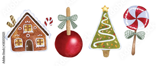 Christmas watercolor elements set gingerbread house sweet apple cookie lollipop isolated on white background