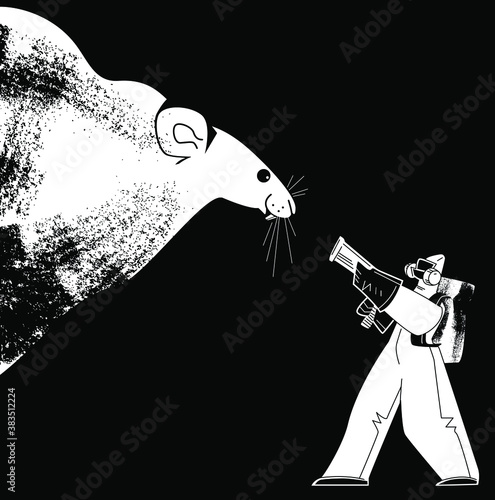 Pest control man in a protective overcoat and respirator fights with a big rat. Rodent service control with equipment device for killing vermin. Concept stock vector illustration.