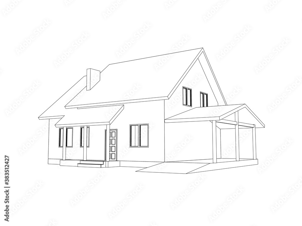 3D suburban house model. Drawing of the modern building. Cottage project on white background. Interesting vector blueprint.