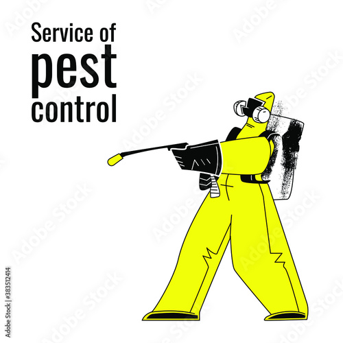 Pest control man in a protective overcoat and respirator. Rodent control service with device for killing vermin. Concept stock vector illustration isolated on white background.