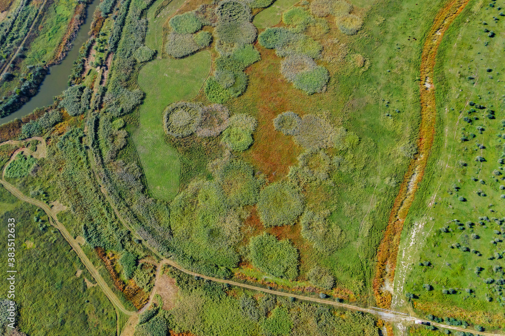 Obraz premium Aerial view on flood-meadow in Kartal Eco Park, Orlovka village, Reni raion, Odessa oblast, Ukraine, Eastern Europe