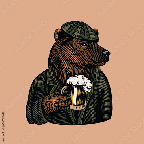 Grizzly Bear with a beer mug. Brewer with a glass cup. Fashion animal character. A wild beast in a newsboy s cap. Hand drawn sketch. Vector engraved illustration for logo and tattoo or T-shirts.