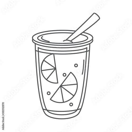 tea, refreshment cup with straw and slice lemon line icon style
