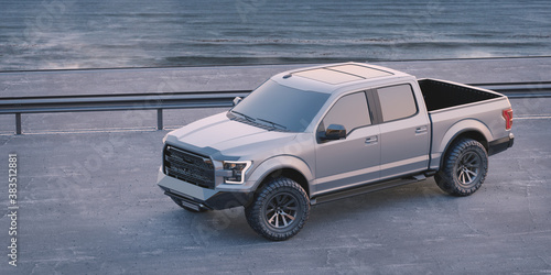 3D rendering of a brand-less generic pickup truck in studio environment 