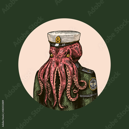 Octopus sailor. Sea captain. Fashion Animal character. Nautical Seaman or nautical mariner. Hand drawn sketch. Vector engraved illustration for logo, label and tattoo or T-shirts.