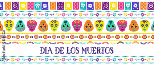 Day of the dead, Dia de los muertos, banner with traditional colorful Mexican icons. Fiesta, holiday poster, party flyer, funny greeting card. Horizontal web banner