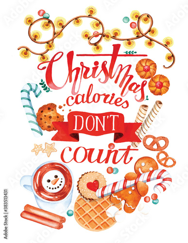 Christmas lettering vector watercolor food illustration cookie candy sweets on white background