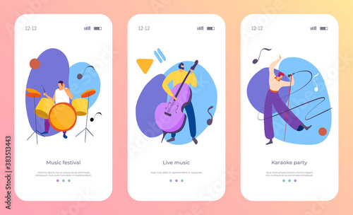 Instrument set cartoon app concept, vector illustration. Web mobile musical artist character play flat music at website screen page.People playing drums, cello and sing at show performance.
