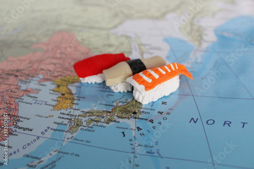 Nigiri Sushi on a map of Japan - Asia map