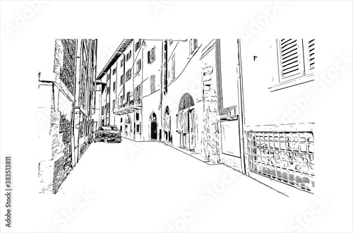 Building view with landmark of Bergamo is a city in the alpine Lombardy region of northern Italy. Hand drawn sketch illustration in vector.