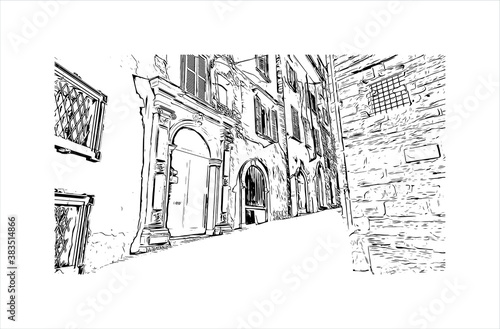 Building view with landmark of Bergamo is a city in the alpine Lombardy region of northern Italy. Hand drawn sketch illustration in vector.