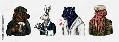 Grizzly Bear with a beer mug. Octopus sailor and Hare or Rabbit waiter. Black panther. Japanese text means: karate. Fashion animal character. Hand drawn sketch.