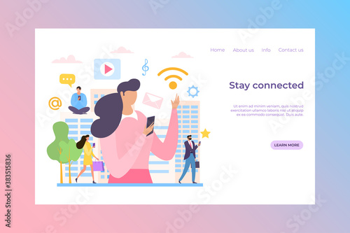 Media character with mobile network, vector illustration. Stay connected online with smartphone, chatting in internet. Man woman character use social application in flat phone design.