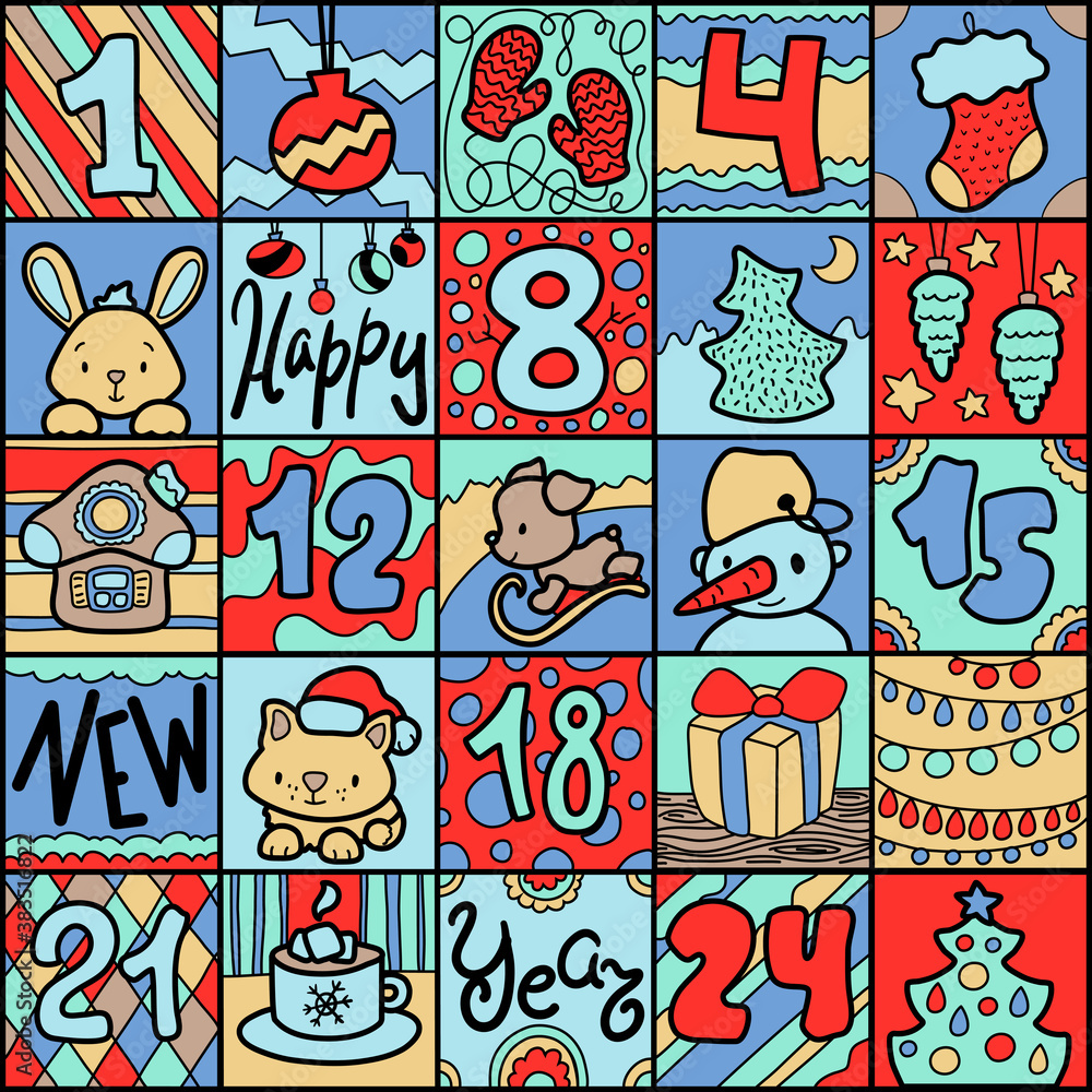Cute doodle advent calendar with funny animals, square format for 25 days. Vibrant advent calendar for kids. Square calendar with New Year decor. Christmas greeting card with funny doodles