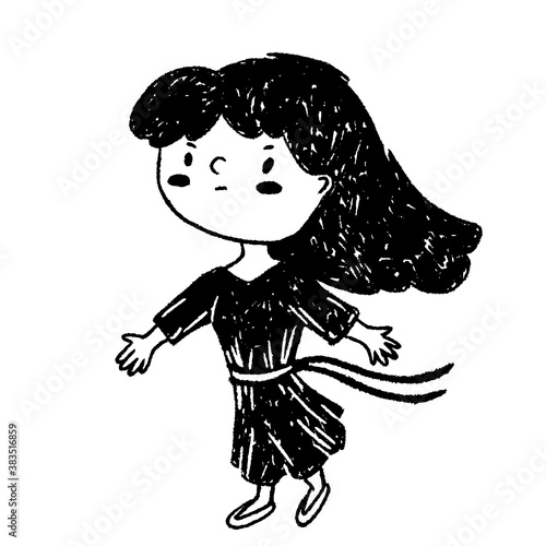 Girl in dress black on white vector illustration. Protesting or protecting girl character. Brave girl linocut stamp