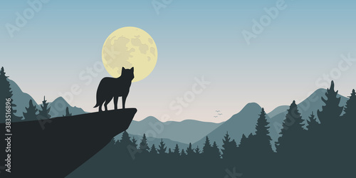 wolf howls at full moon nature landscape vector illustration EPS10