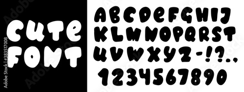 Cute round vector typeface with English alphabet letters, numbers and punctuation. Funny sans serif type. English lettering sign on white background. Round handdrawn kids font. Letter for cutting