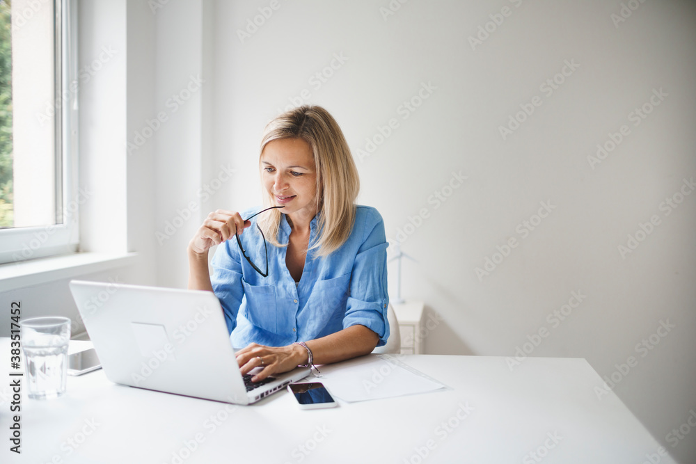 beautiful, blond and young businesswoman is sitting behind her notebook and working from home in her home office beautiful, blond and young businesswoman is sitting behind her notebook and working from home in her home office