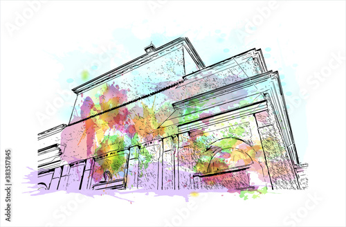 Building view with landmark of Bergamo is a city in the alpine Lombardy region of northern Italy. Watercolor splash with hand drawn sketch illustration in vector.