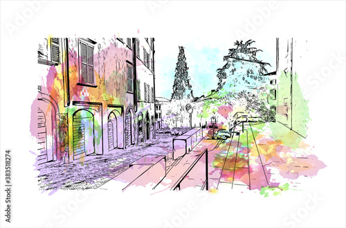 Building view with landmark of Bergamo is a city in the alpine Lombardy region of northern Italy. Watercolor splash with hand drawn sketch illustration in vector.