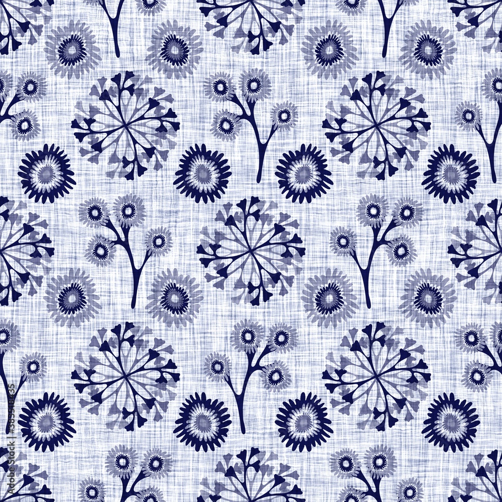 Indigo blue flower block print dyed linen texture background. Seamless